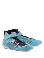 Alpinestars Tech-1 Z V3 Shoes FIA, Auto Racing Shoes, Light Teal White and Black, high-top design with velcro ankle strap, featuring prominent Alpinestars branding and perforated leather detailing for performance