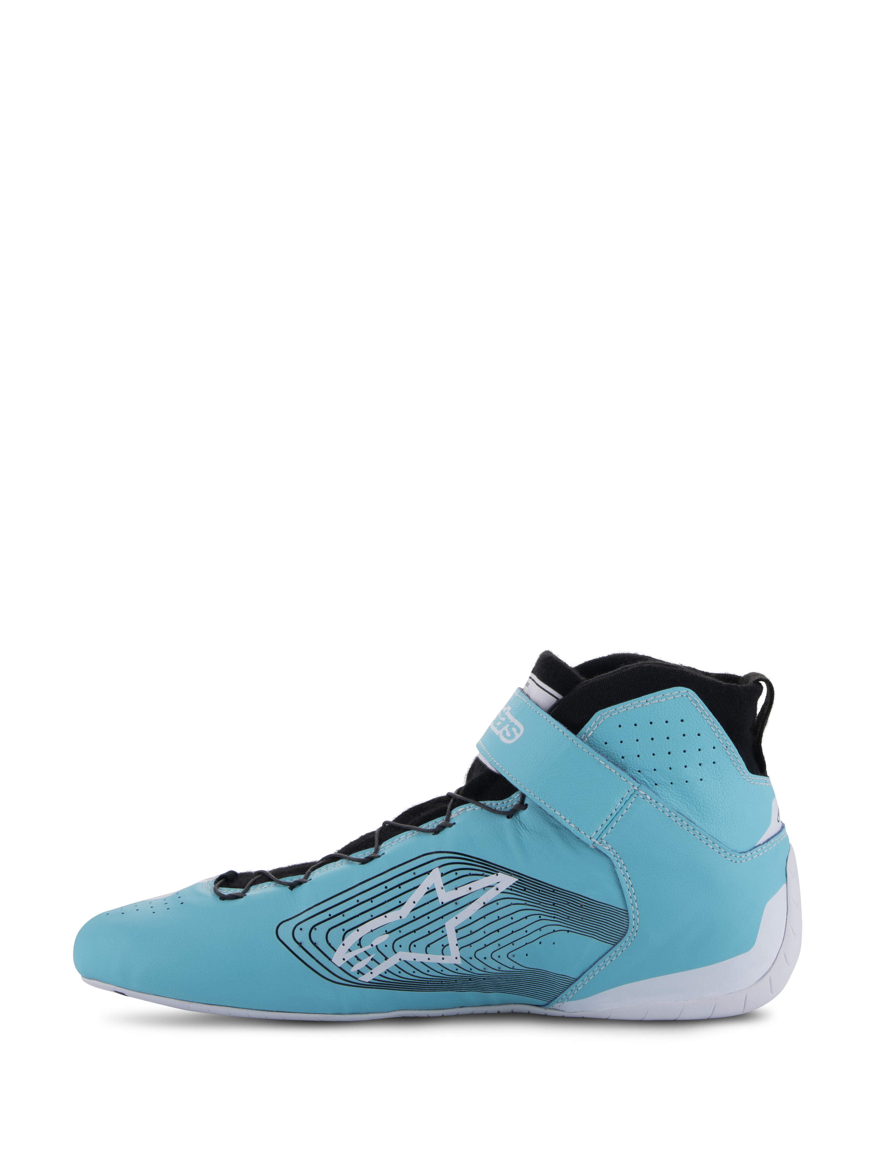 Alpinestars Tech-1 Z V3 Shoes FIA, Auto Racing Shoes, Light Teal White and Black, side profile view, premium leather with perforations, large star logo with wavy graphic lines, white sole and black collar