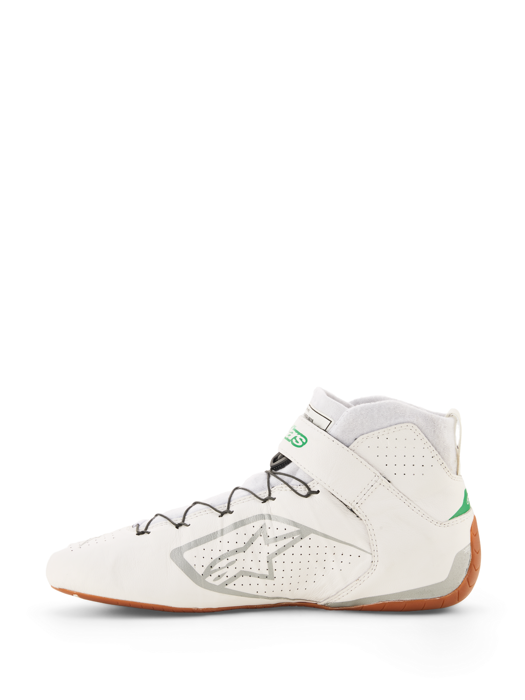 Alpinestars Tech-1 Z V3-skor FIA, vita racingskor med gröna och silverfärgade detaljer, gummisula, high-top-design med perforerat läder, snabbsnörningssystem med trådstöd, silverfärgad Alpinestars-logotyp på sidan