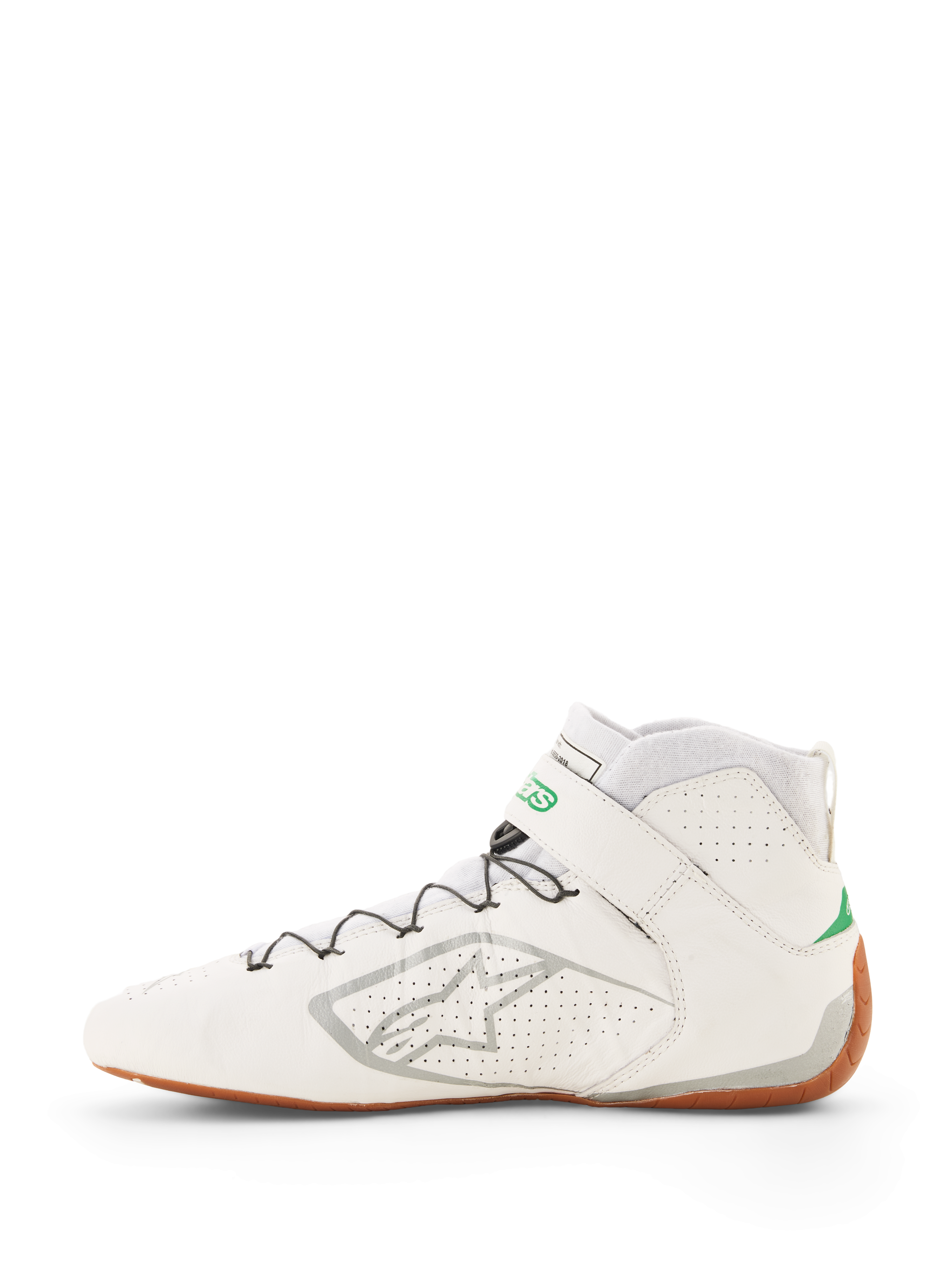 Alpinestars Tech-1 Z V3-skor FIA, vita racingskor med gröna och silverfärgade detaljer, gummisula, high-top-design med perforerat läder, snabbsnörningssystem med trådstöd, silverfärgad Alpinestars-logotyp på sidan