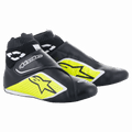 Alpinestars Supermono V2 Shoes FIA, Auto Racing Footwear, Black Yellow Fluo and White, ankle-high design with ribbed cuff, perforated one-piece leather construction with star logos, sleek aerodynamic profile for professional motorsport