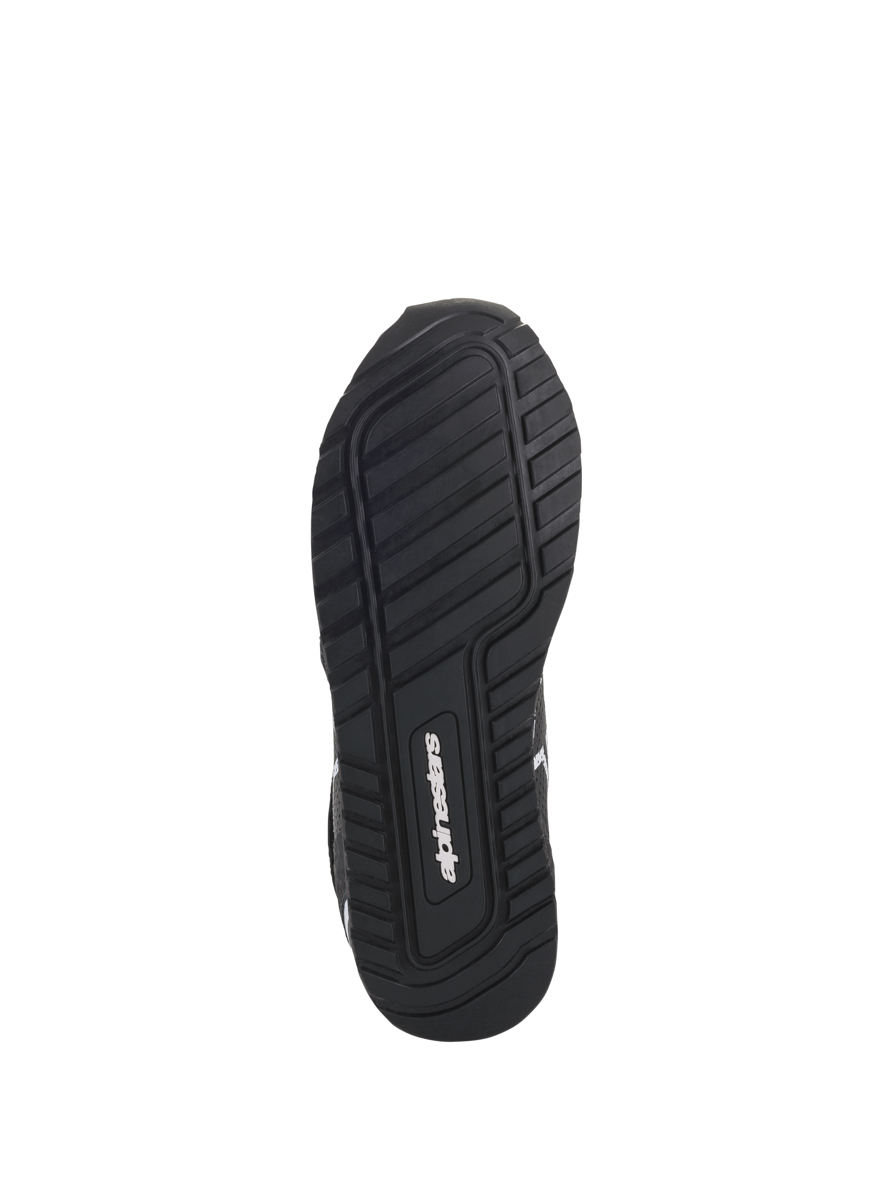 Alpinestars Radar-skor, svarta och vita, vy underifrån som visar den exklusiva sulan i gummiblandning med mönstrat slitbanemönster för grepp och stabilitet, med Alpinestars-logotypen i mitten.