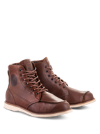 Alpinestars Oscar Monty V2 Shoes, Brown leather motorcycle boots, heritage-inspired moc toe design with off-white wedge outsole, durable bovine leather construction for urban and road riding