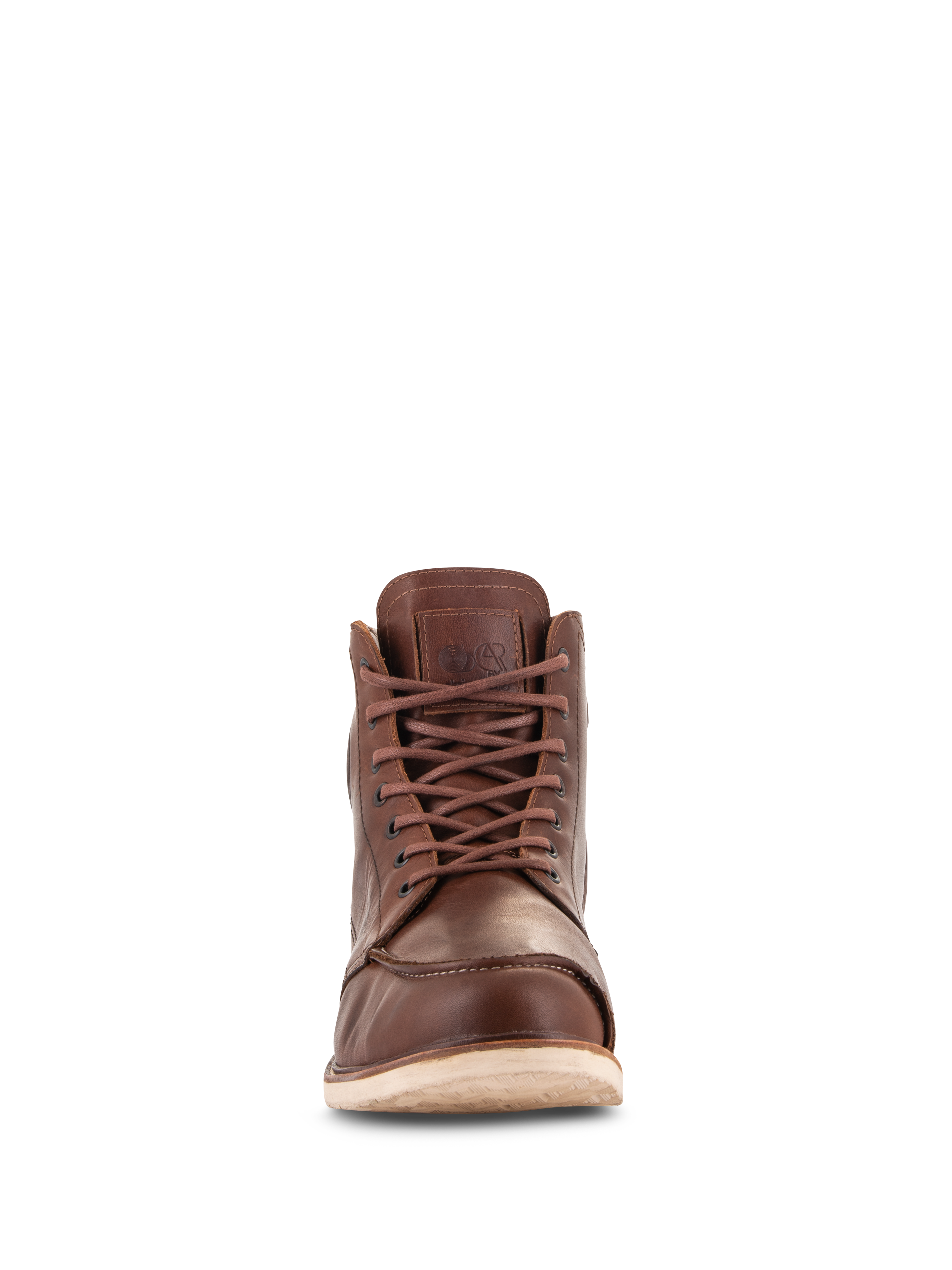 Alpinestars Oscar Monty V2 Shoes, Brown, motorcycle riding shoes, front view showing full-grain leather construction, moc toe design, lace-up closure, and off-white wedge outsole, heritage-inspired urban footwear