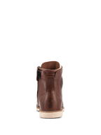Alpinestars Oscar Monty V2 Shoes, Brown leather motorcycle riding shoe, rear view featuring white wedge outsole and medial side zipper, embossed Oscar logo on the heel, heritage-inspired urban footwear design