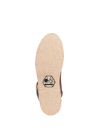 Alpinestars Oscar Monty V2 Shoes, sole view, light beige wedge outsole with geometric diamond tread pattern, featuring the black OSCAR by Alpinestars logo, urban motorcycle riding shoe in brown leather
