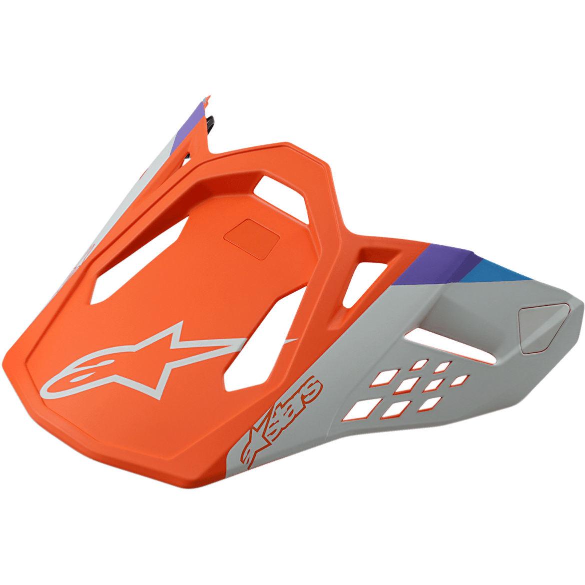 Alpinestars S-M8 Contact hjälmvisir, utbytesvisir för motocrosshjälm, matt orange och grått med blå och lila detaljer, kantig design med ventilationsöppningar, vit stjärnlogotyp och Astars-text