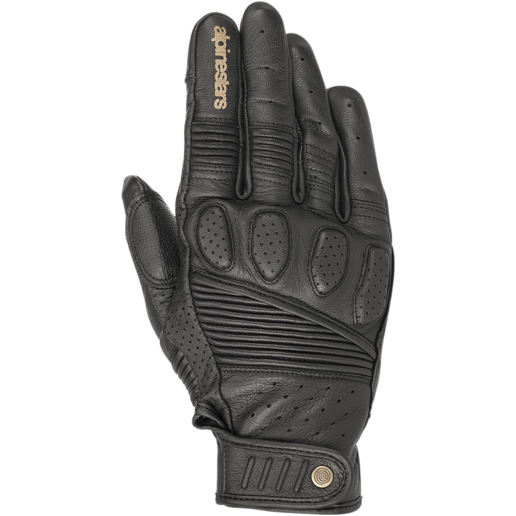 Alpinestars Crazy Eight handskar, svarta motorcykelhandskar i läder, med dragspelspaneler på fingrar och handrygg, perforerad knogvaddering, brun Alpinestars-logotyp på pekfingret och justerbar kardborrerem vid handleden med cirkulär logodetalj.