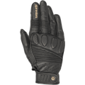 Alpinestars Crazy Eight handskar, svarta motorcykelhandskar i läder, med dragspelspaneler på fingrar och handrygg, perforerad knogvaddering, brun Alpinestars-logotyp på pekfingret och justerbar kardborrerem vid handleden med cirkulär logodetalj.