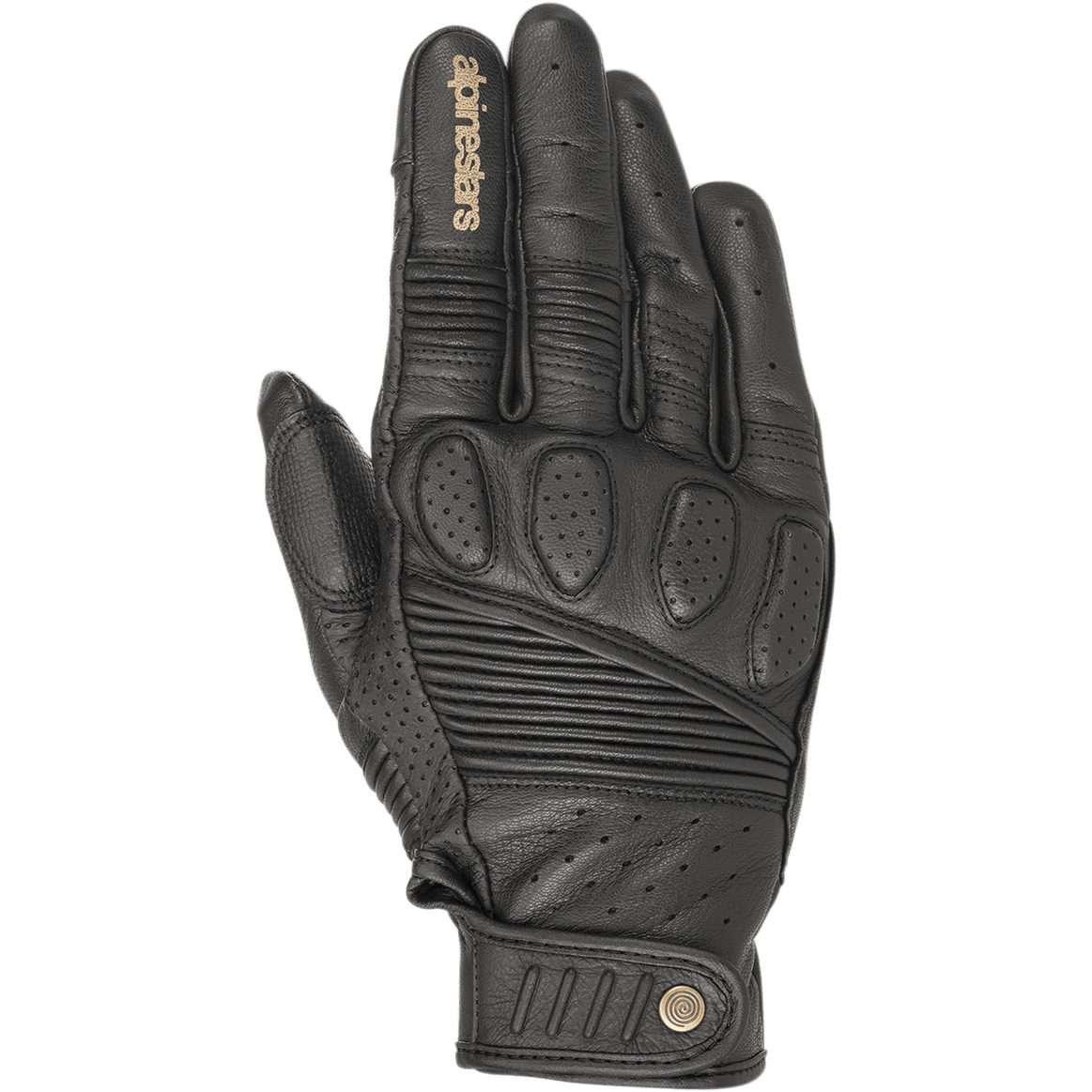 Alpinestars Crazy Eight handskar, svarta motorcykelhandskar i läder, med dragspelspaneler på fingrar och handrygg, perforerad knogvaddering, brun Alpinestars-logotyp på pekfingret och justerbar kardborrerem vid handleden med cirkulär logodetalj.