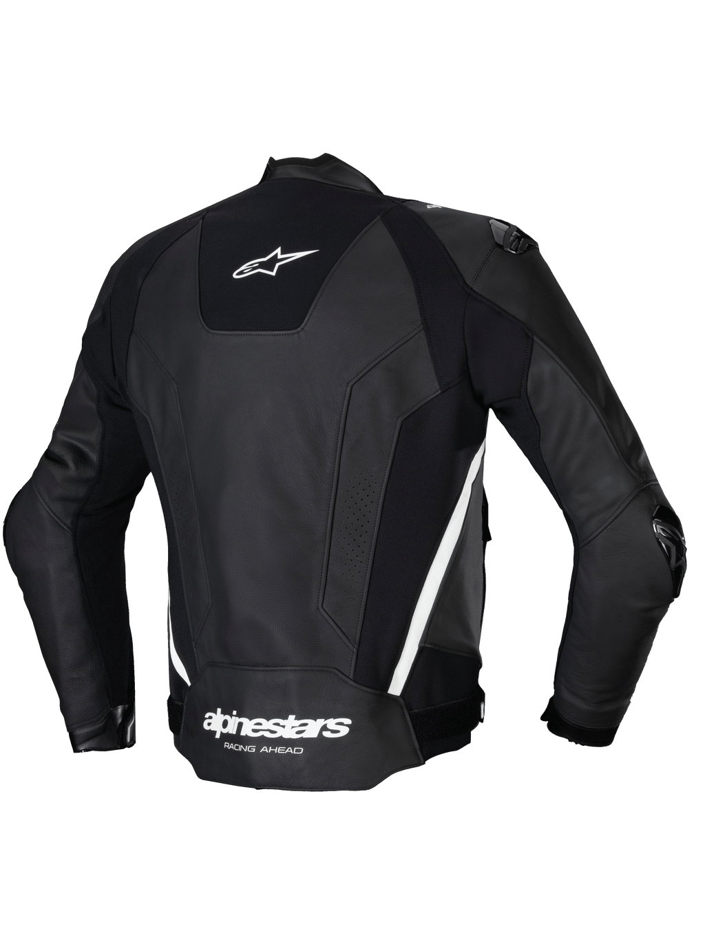 Alpinestars Missile V3 Läder Jacka, snygg baksidesvy av racingsport-motorcykeljackan i svart och vitt, tillverkad i premium nötläder med stretchpaneler och yttre axelskydd