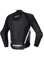 Alpinestars Missile V3 Läder Jacka, snygg baksidesvy av racingsport-motorcykeljackan i svart och vitt, tillverkad i premium nötläder med stretchpaneler och yttre axelskydd