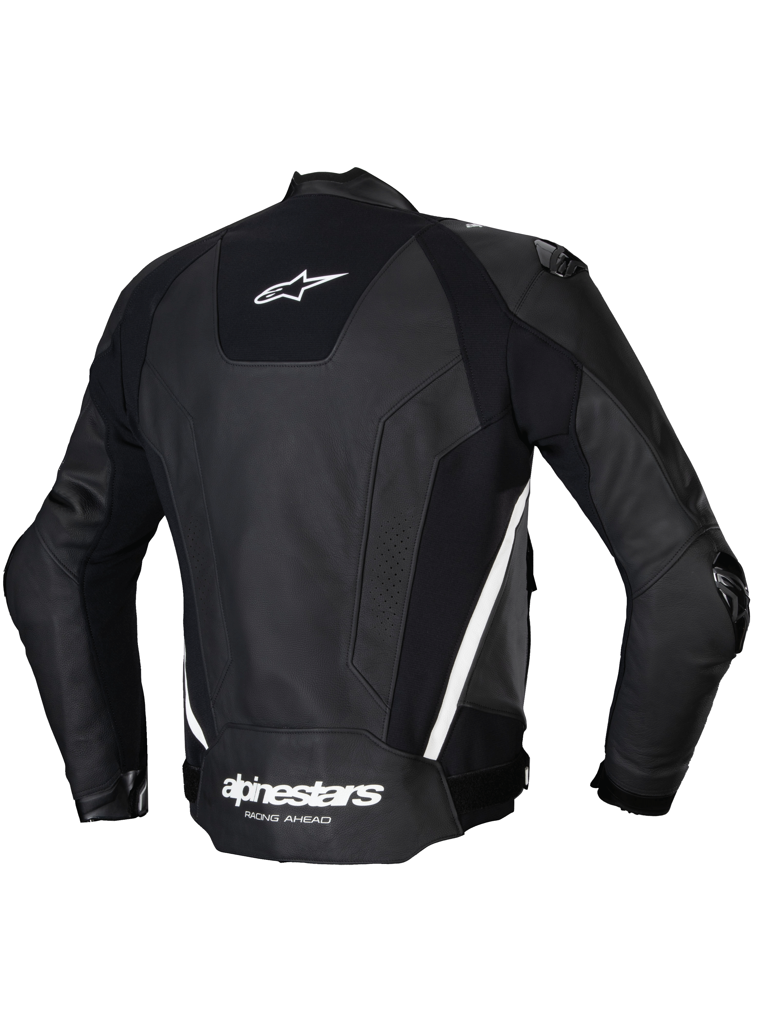Alpinestars Missile V3 Läder Jacka, snygg baksidesvy av racingsport-motorcykeljackan i svart och vitt, tillverkad i premium nötläder med stretchpaneler och yttre axelskydd
