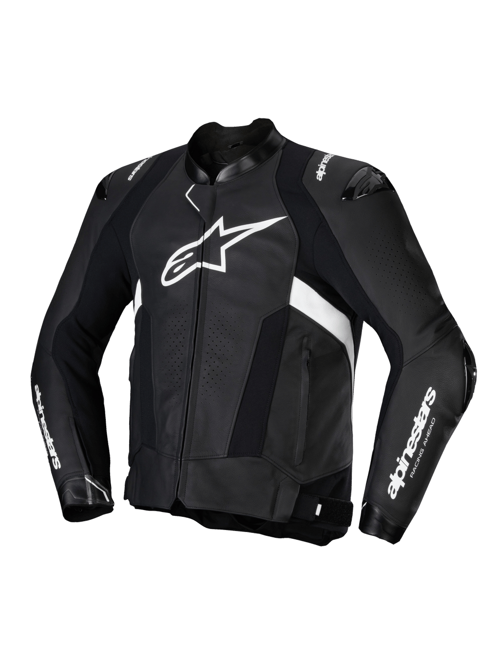 Alpinestars Missile V3 Läder Jacka, svart och vit MC-skinnjacka för herrar, premium nötläder med axel- och armbågsskydd, CE-certifierad