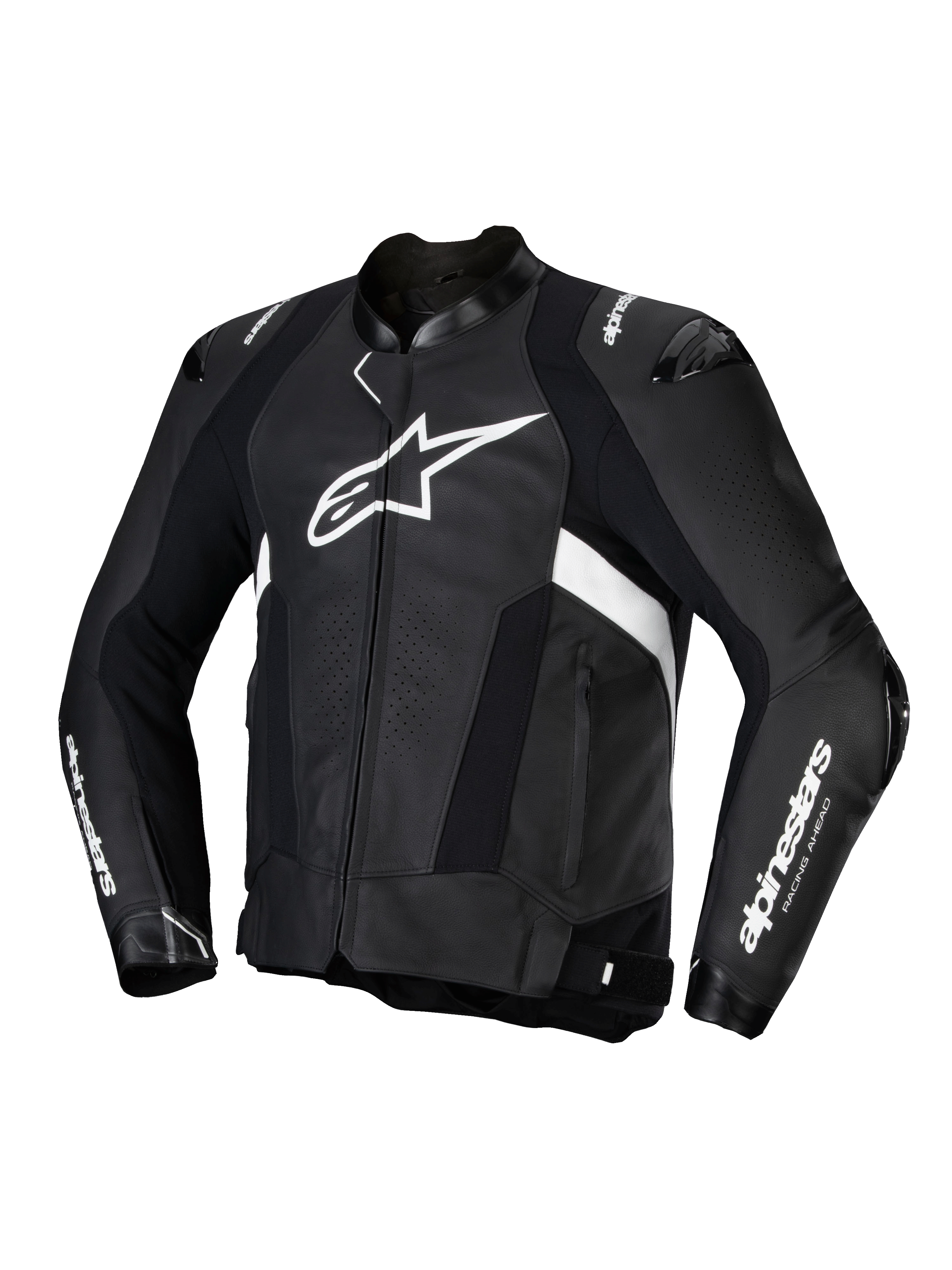 Alpinestars Missile V3 Läder Jacka, svart och vit MC-skinnjacka för herrar, premium nötläder med axel- och armbågsskydd, CE-certifierad