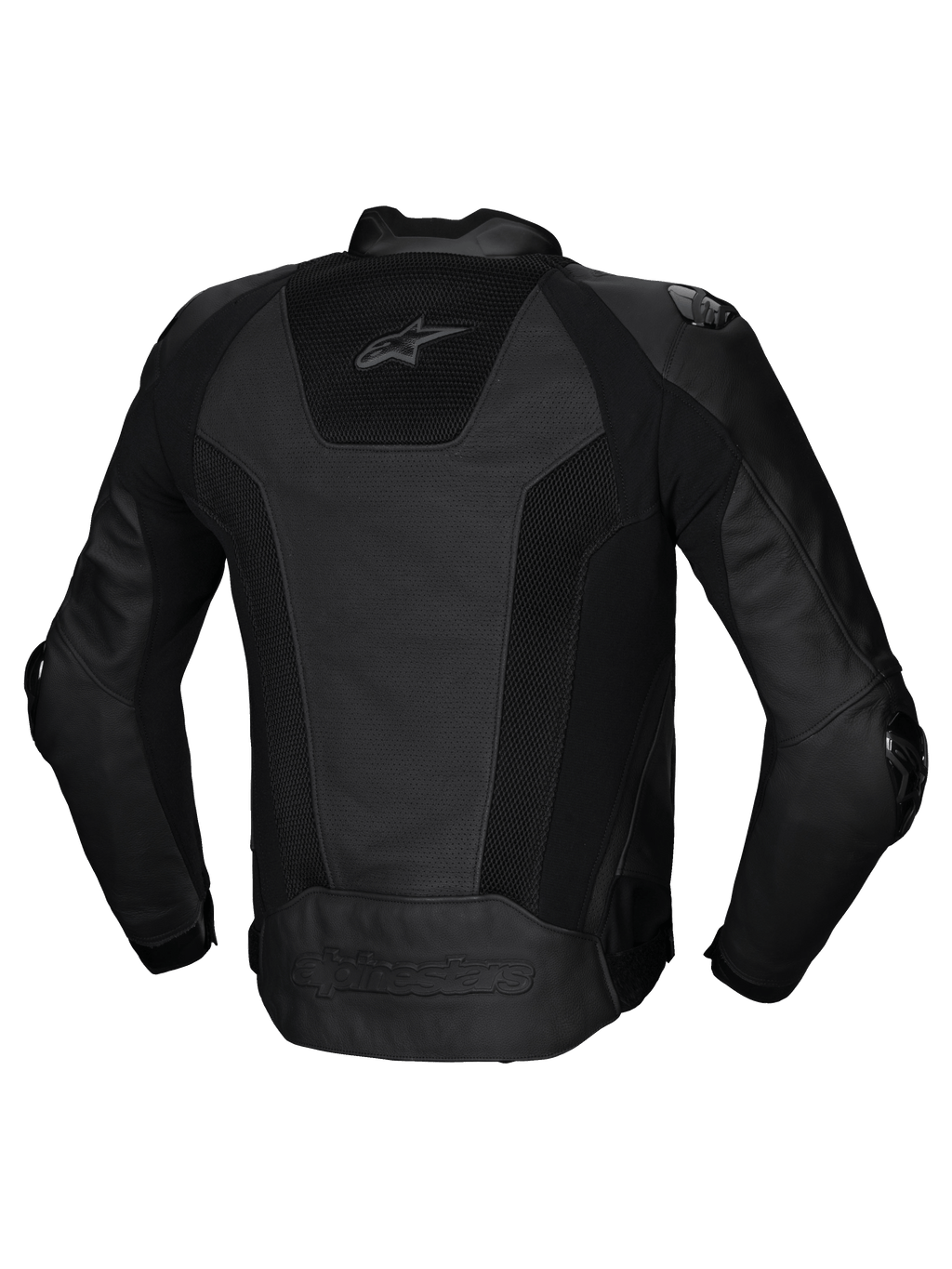 Alpinestars Missile V3 Airflow skinnjacka, baksida av hrracingjacka för motorcykel i svart med perforerade läderpaneler och stretchinlägg, CE-certifierad klass AA