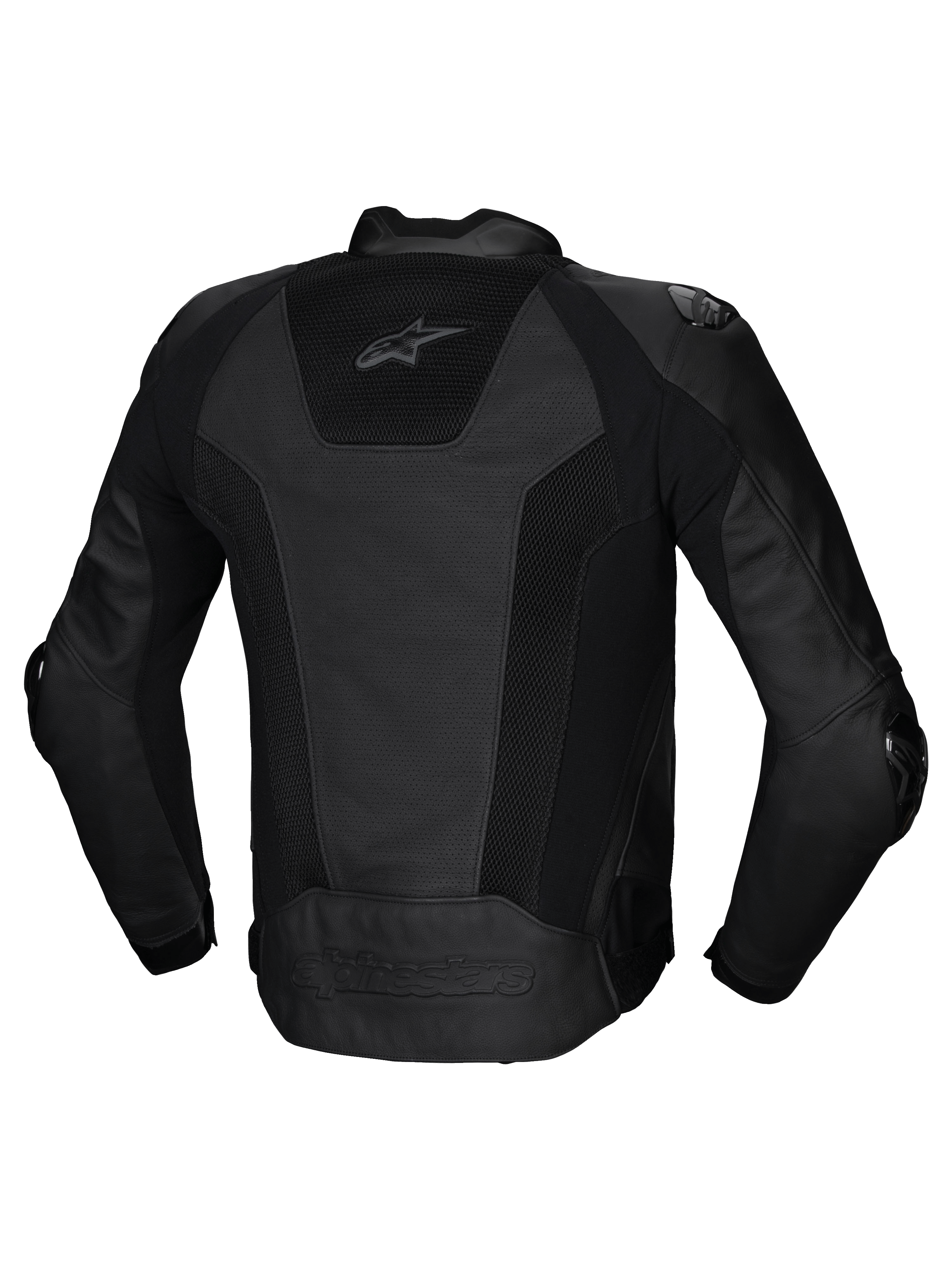 Alpinestars Missile V3 Airflow skinnjacka, baksida av hrracingjacka för motorcykel i svart med perforerade läderpaneler och stretchinlägg, CE-certifierad klass AA