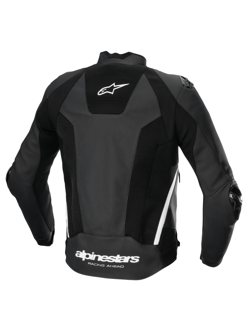 Alpinestars Missile V3 Airflow läderjacka, mc-racingjacka, baksida, svart och vit, perforerat premiumläder med stretchpaneler och logotyp på baksidan
