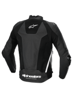 Alpinestars Missile V3 Airflow läderjacka, mc-racingjacka, baksida, svart och vit, perforerat premiumläder med stretchpaneler och logotyp på baksidan