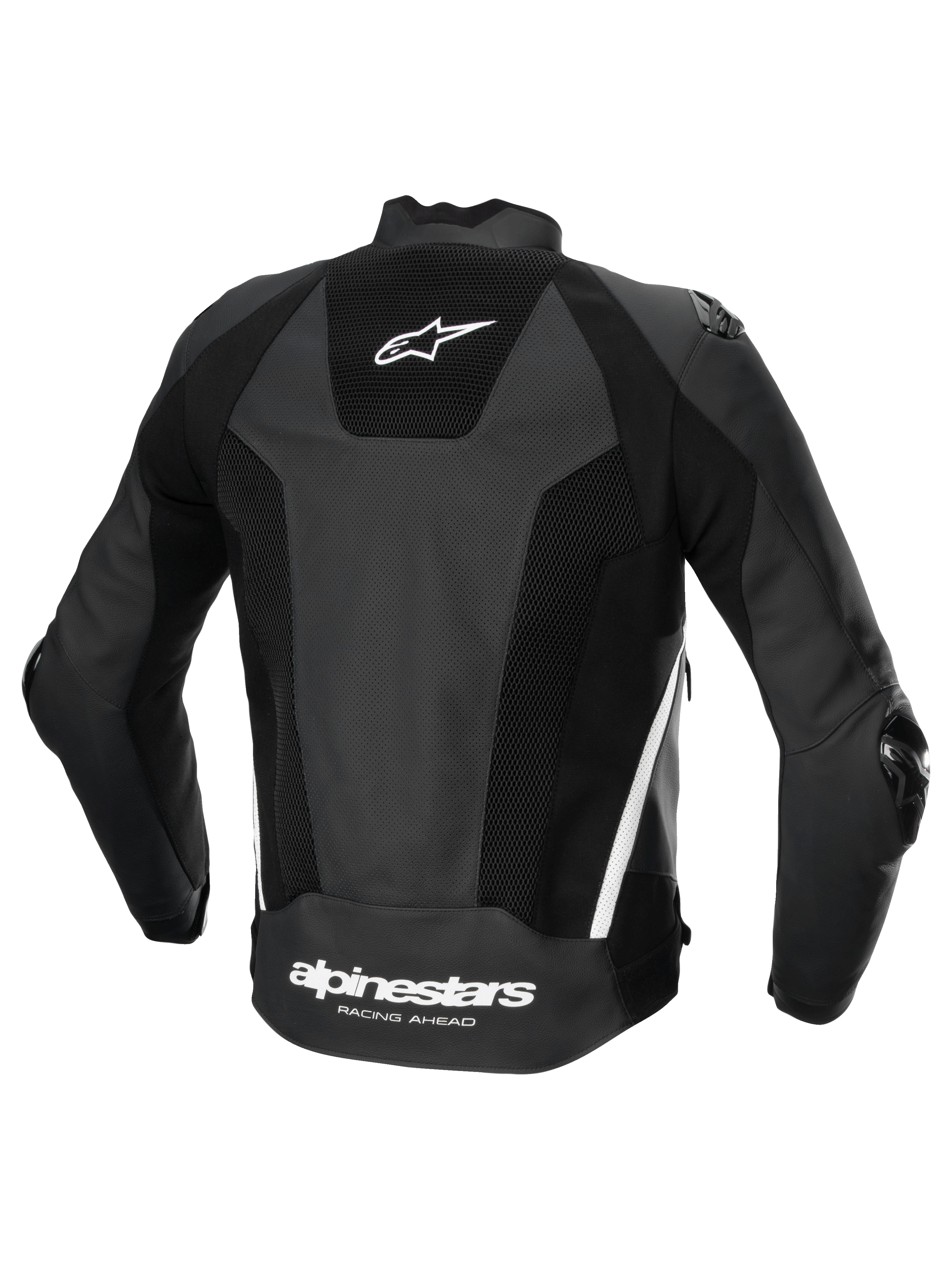 Alpinestars Missile V3 Airflow läderjacka, mc-racingjacka, baksida, svart och vit, perforerat premiumläder med stretchpaneler och logotyp på baksidan