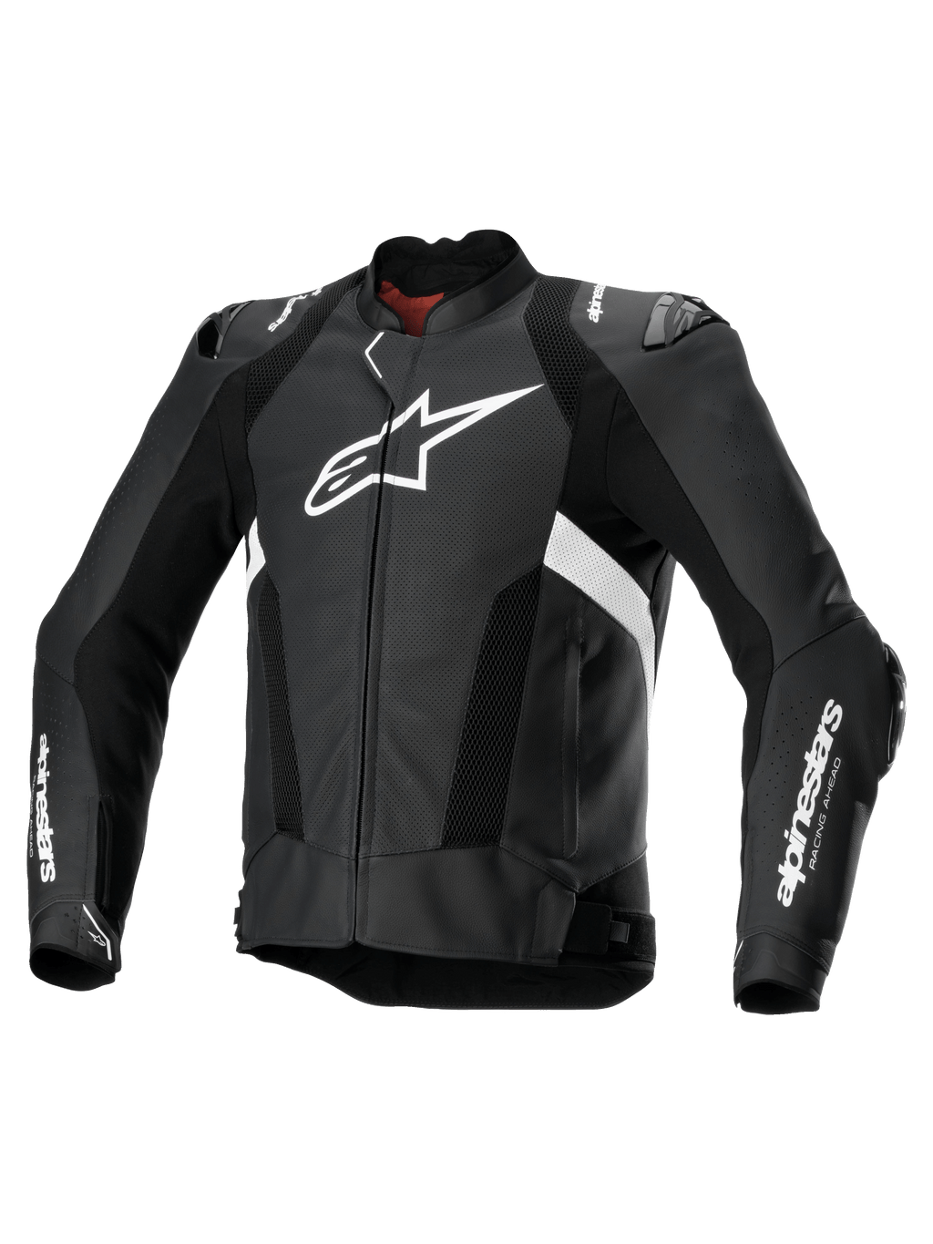 Alpinestars Missile V3 Airflow skinjacka, perforerad motorcykeljacka i svart och vitt, premium nötläder, CE-certifierad med skydd och Tech-Air-kompatibilitet