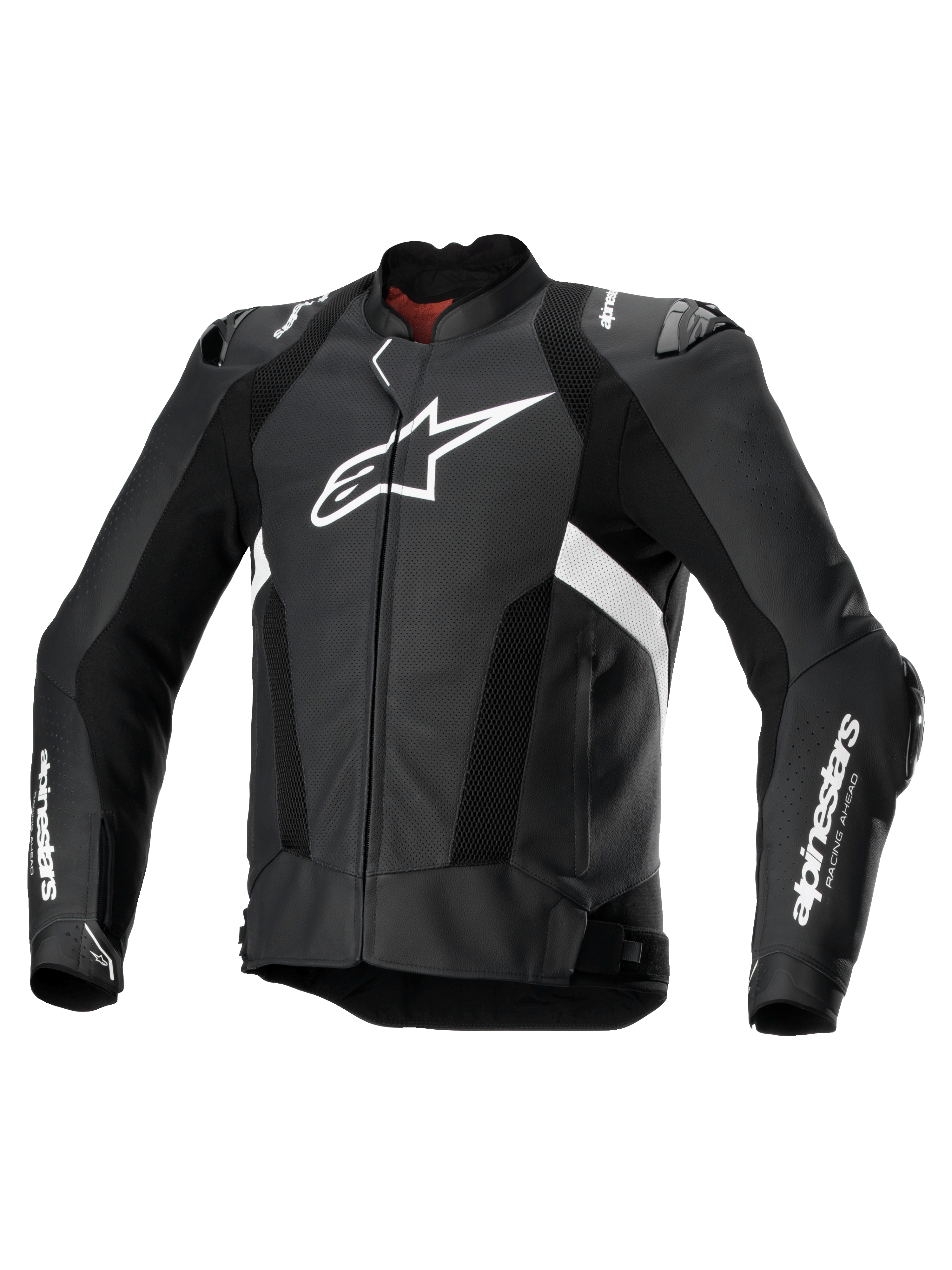 Alpinestars Missile V3 Airflow skinjacka, perforerad motorcykeljacka i svart och vitt, premium nötläder, CE-certifierad med skydd och Tech-Air-kompatibilitet