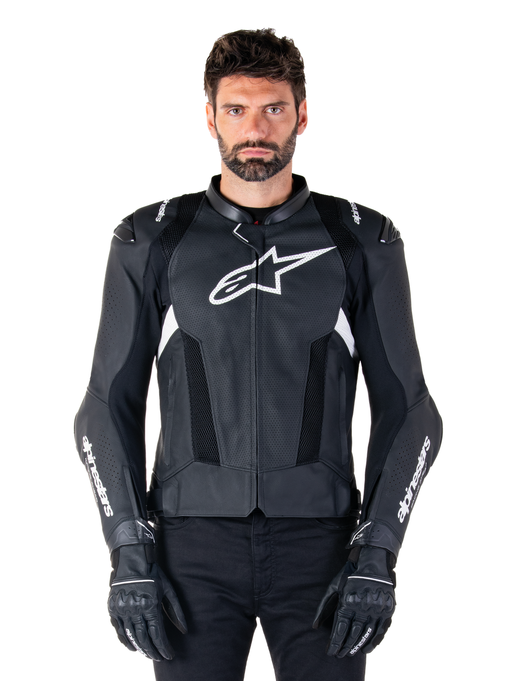 Alpinestars Missile V3 Airflow läderjacka, svart och vit, motorcykelracerjacka med perforerade ventilationspaneler i läder, stor vit stjärnlogotyp på bröstet, bärs med matchande handskar, sportig skyddsdesign
