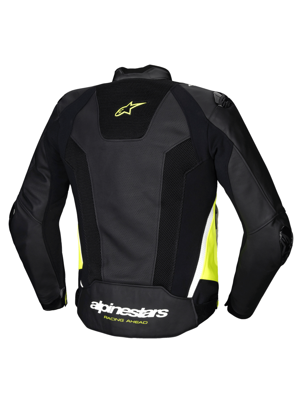 Alpinestars Missile V3 Airflow läderjacka, herr MC-jacka för racing, baksida som visar svart, gul fluo och vit färg med perforerat läder och stretchpaneler, CE-certifierad klass AA
