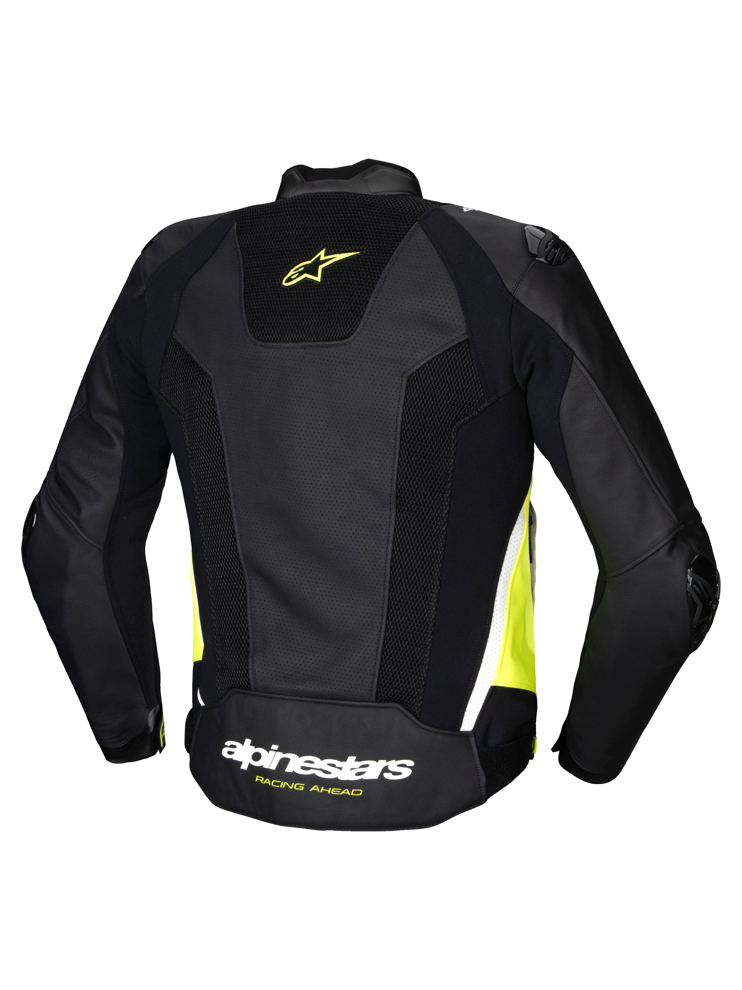 Alpinestars Missile V3 Airflow läderjacka, herr MC-jacka för racing, baksida som visar svart, gul fluo och vit färg med perforerat läder och stretchpaneler, CE-certifierad klass AA