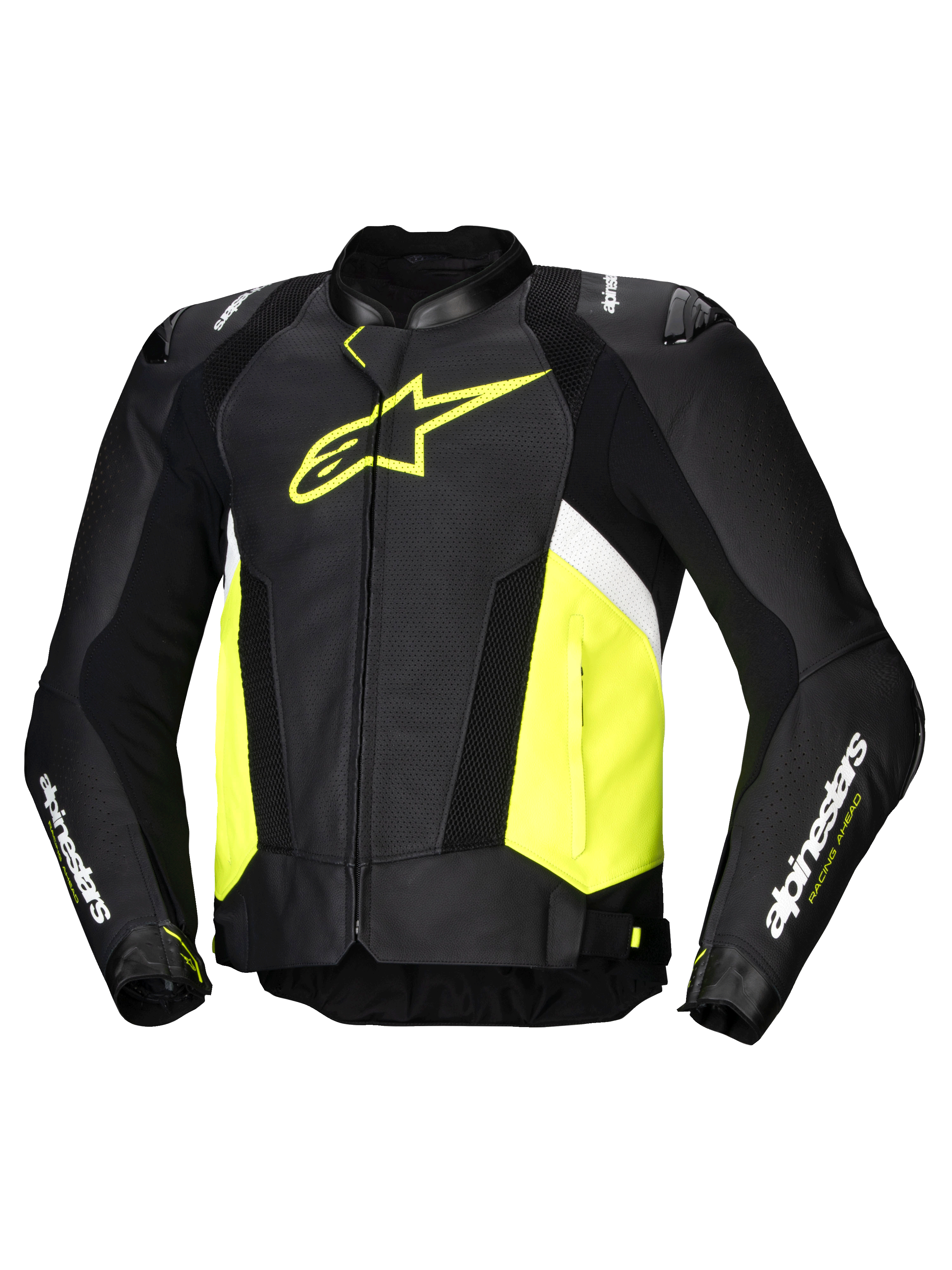 Alpinestars Missile V3 Airflow läderjacka, svart, gul fluo och vit motorcykeljacka i perforerat nötskinn med DFS-axelskydd och Tech-Air-förberedd design