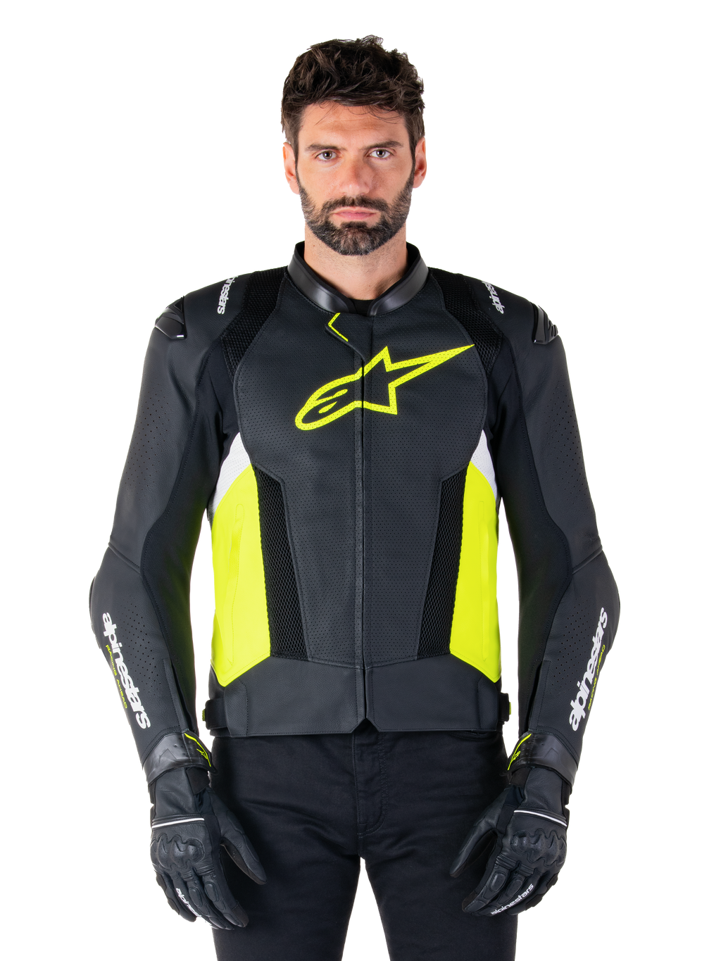 Alpinestars Missile V3 Airflow läderjacka, sportig motorcykeljacka för racing, svart, neongul och vit, bärs av en modell med svarta körhandskar, med perforerat läder på bröstet, framträdande neongul logotyp och vit text på ärmarna.