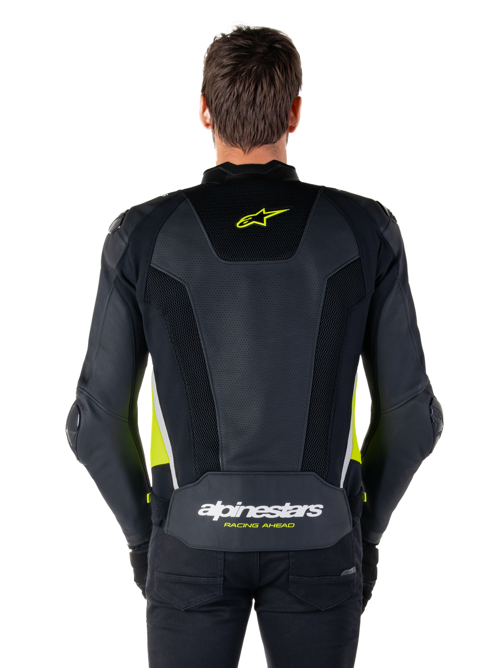 Alpinestars Missile V3 Airflow läderjacka, vy bakifrån, svart med detaljer i gul fluo och vitt, omfattande perforerade läderpaneler för kylning, Alpinestars-logotyper på övre och nedre delen av ryggen, racinginspirerad sportjacka för motorcykel
