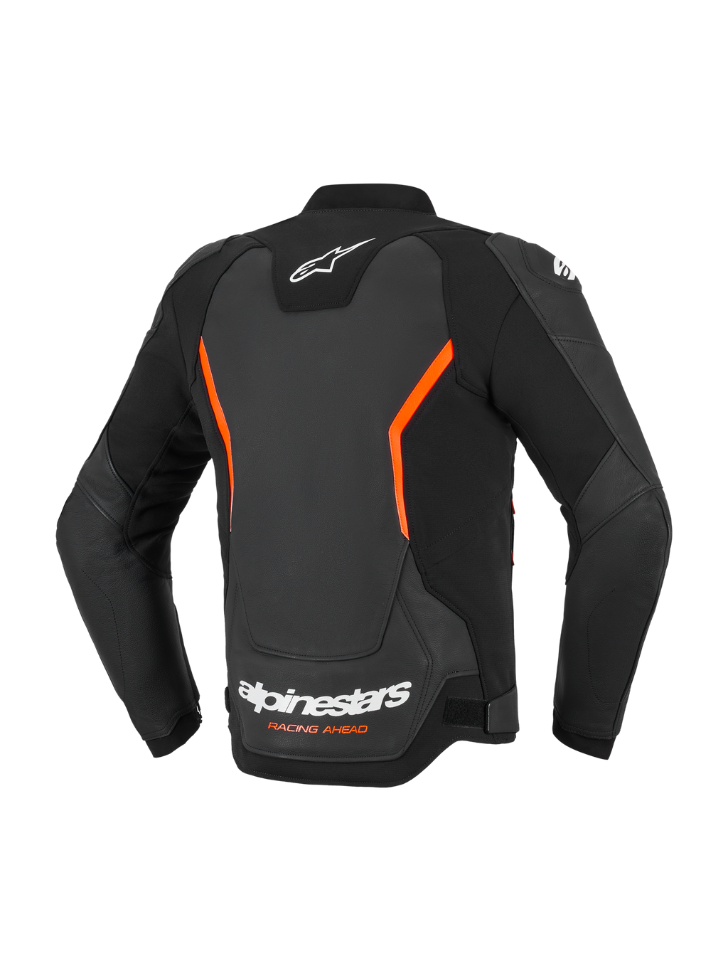 Alpinestars GP Force V2 läderjacka, motorcykeljacka i läder, svart och fluorescerande röd, vy bakifrån med vita Alpinestars-logotyper och orange "Racing Ahead"-text, vinklade fluorescerande röda detaljer, flerpanelskonstruktion med förböjda ärmar