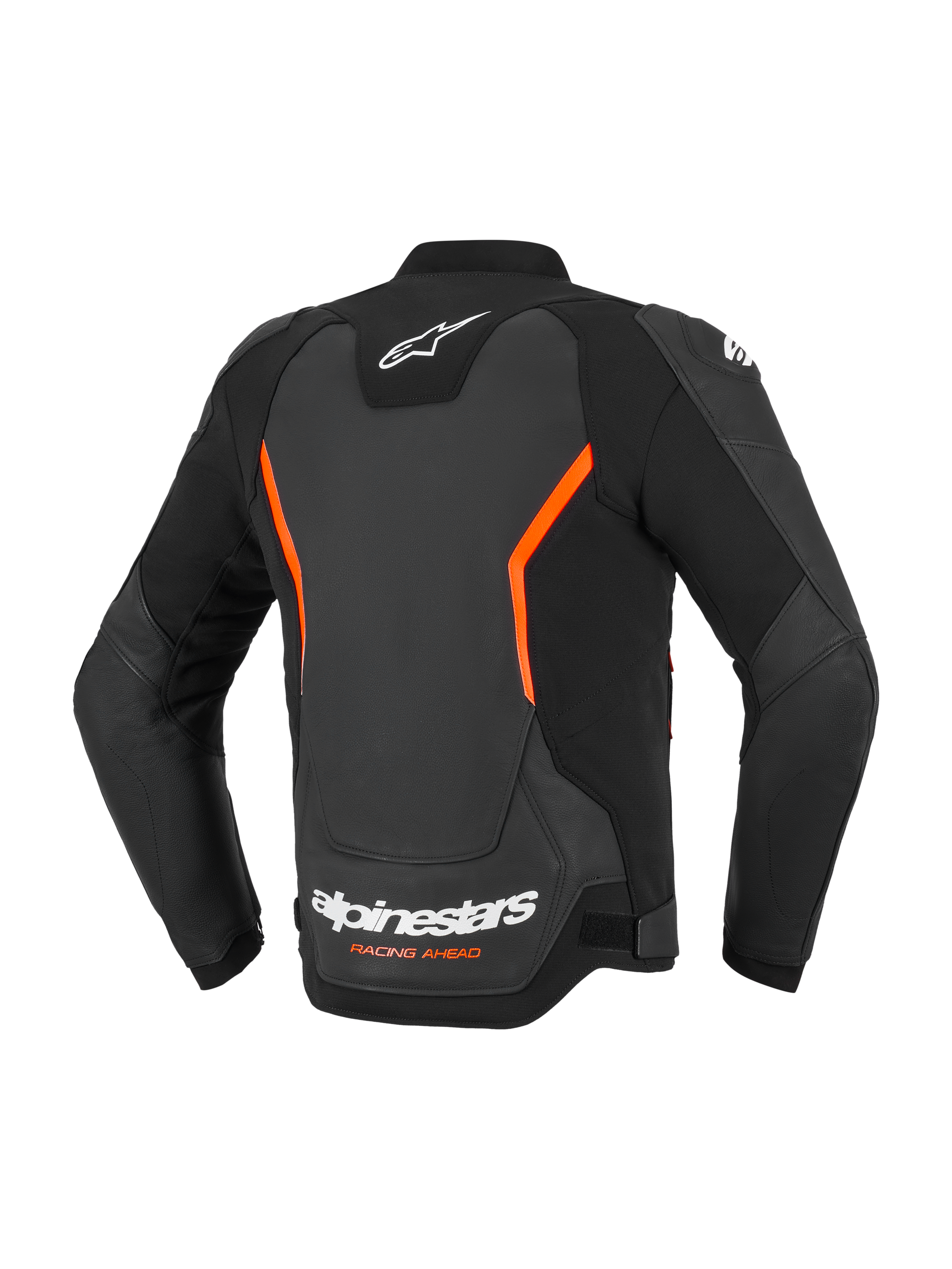 Alpinestars GP Force V2 läderjacka, motorcykeljacka i läder, svart och fluorescerande röd, vy bakifrån med vita Alpinestars-logotyper och orange "Racing Ahead"-text, vinklade fluorescerande röda detaljer, flerpanelskonstruktion med förböjda ärmar