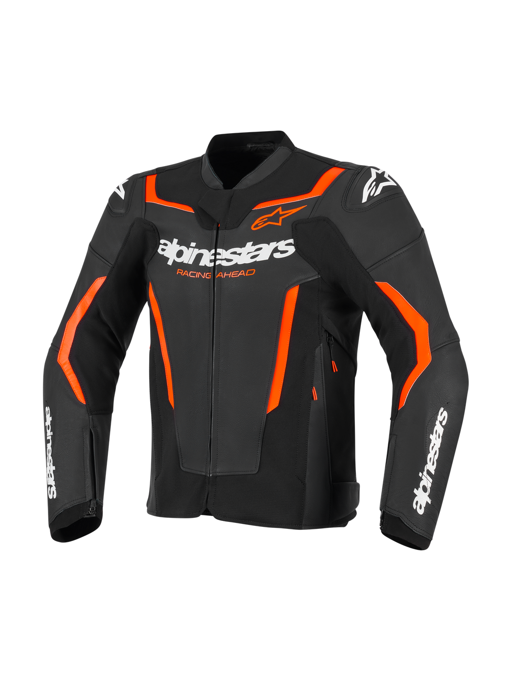 Alpinestars GP Force V2 läderjacka, motorcykel sportjacka, svart och röd fluo, med vit Alpinestars-branding och livfulla orange-röda accenter, professionell läderkonstruktion med sportig passform