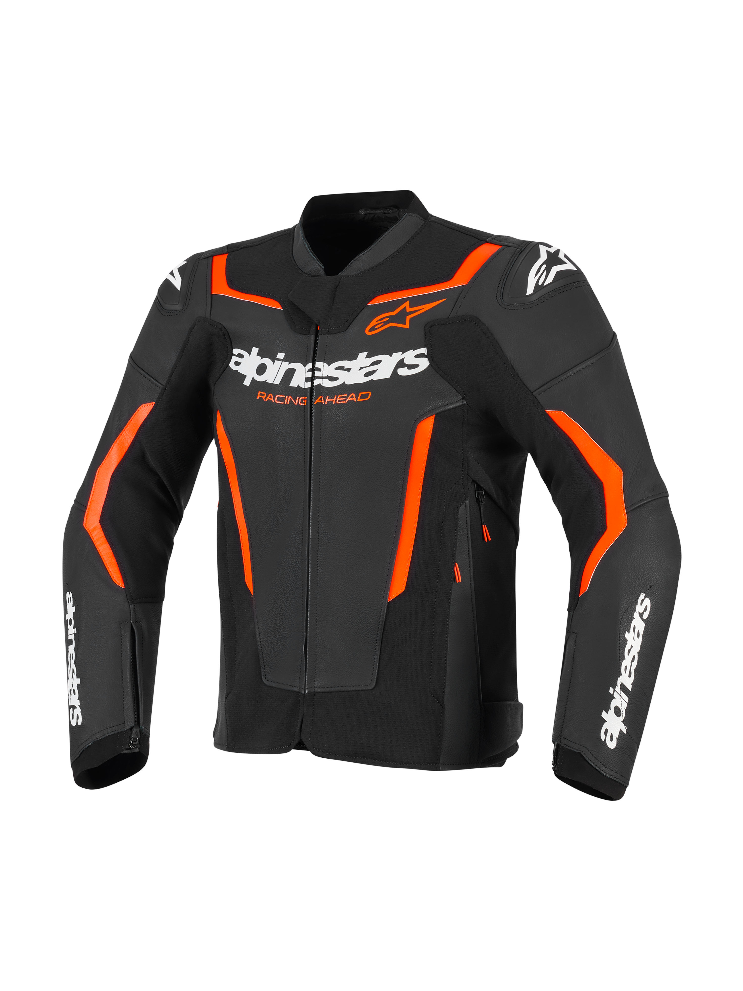 Alpinestars GP Force V2 läderjacka, motorcykel sportjacka, svart och röd fluo, med vit Alpinestars-branding och livfulla orange-röda accenter, professionell läderkonstruktion med sportig passform