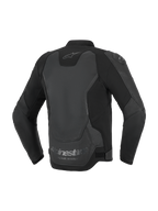 Alpinestars GP Force V2 Leather Jacket, Motorcycle Jacket, Black, back view highlighting multi-panel leather and textile construction, featuring the Alpinestars logo on the neck and 'Racing Ahead' branding at the lower hem.