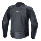 Alpinestars GP Plus R V4 Rideknit Leather Jacket, Black, rear view showing technical leather construction, RIDEKNIT stretch panels, and Alpinestars logo on the lower back.