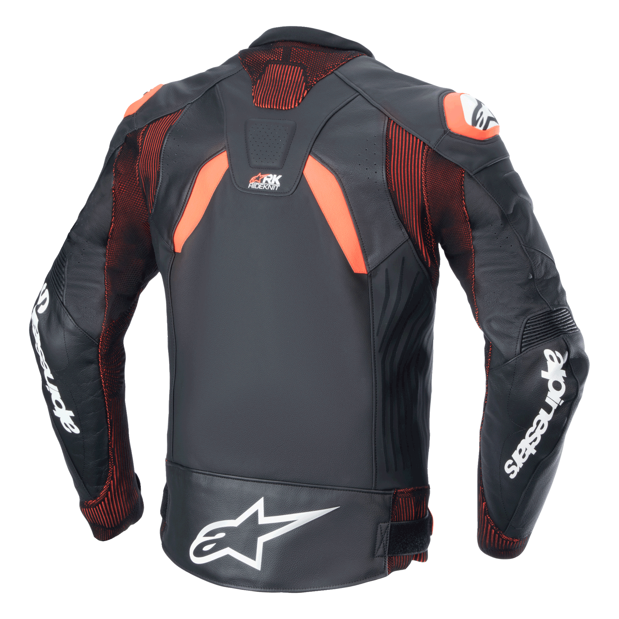 Alpinestars GP Plus R V4 Rideknit läderjacka, svart, röd fluo och vit, sedd bakifrån, med RIDEKNIT® tekniska stretchpaneler och förstklassig läderkonstruktion, vit Alpinestars-logotyp på ärmarna och nedre delen av ryggen