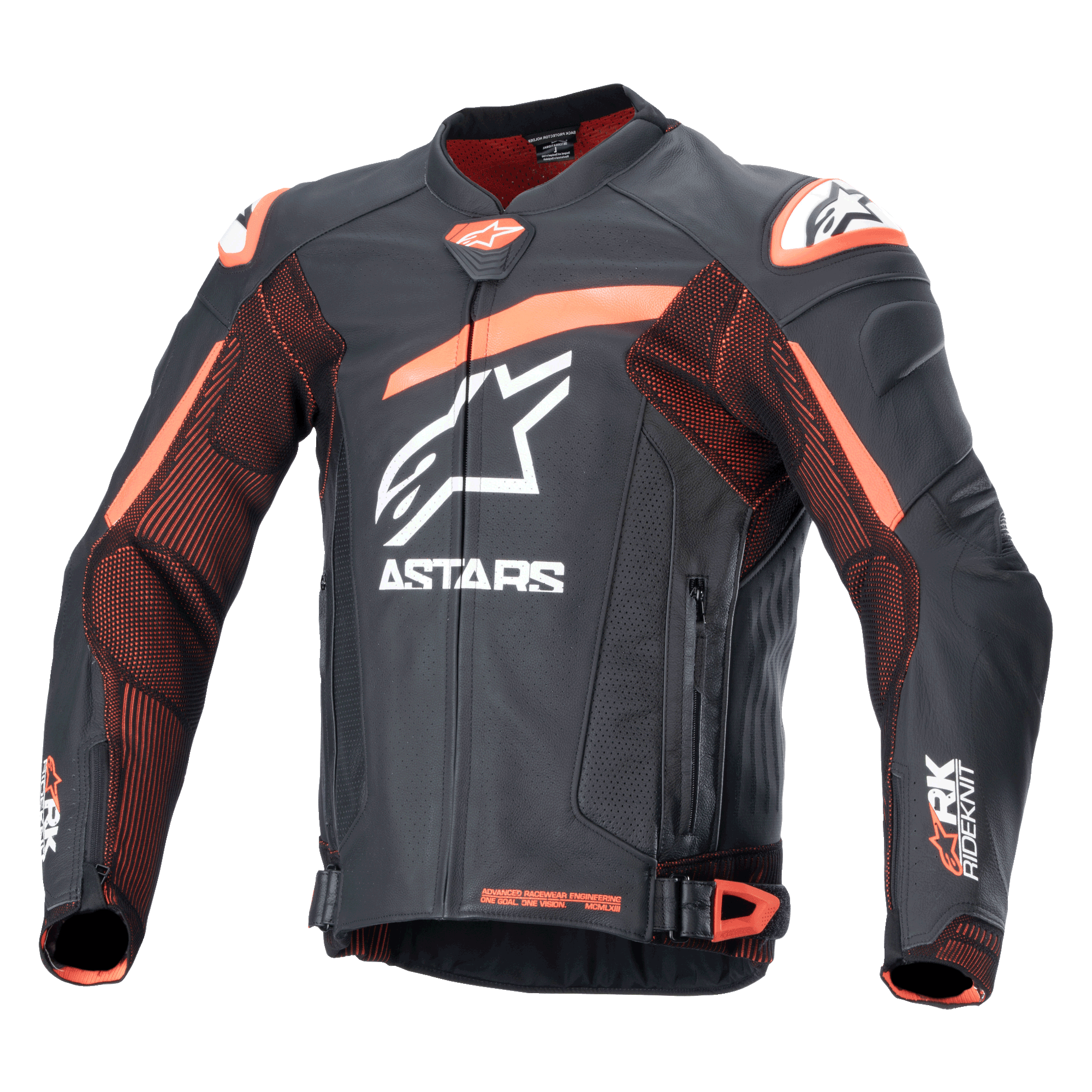 Alpinestars GP Plus R V4 Rideknit läderjacka, svart och orange motorcykeljacka för racing med vita logotyper, perforerat bröst och armar, orange axeldetaljer, dragkedja framtill med justerbara midjeremmar, hållbar sportig design