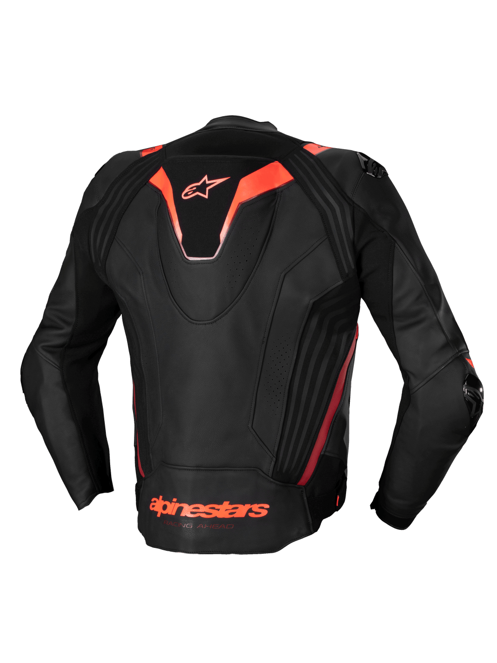 Alpinestars Missile V3 Ignition läderjacka, herrmotorcykeljacka i racingstil, svart och röd fluo, CE-certifierad, premium nötläder med sportig aero-hump och stretchpaneler, bakifrån