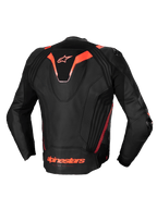 Alpinestars Missile V3 Ignition läderjacka, herrmotorcykeljacka i racingstil, svart och röd fluo, CE-certifierad, premium nötläder med sportig aero-hump och stretchpaneler, bakifrån