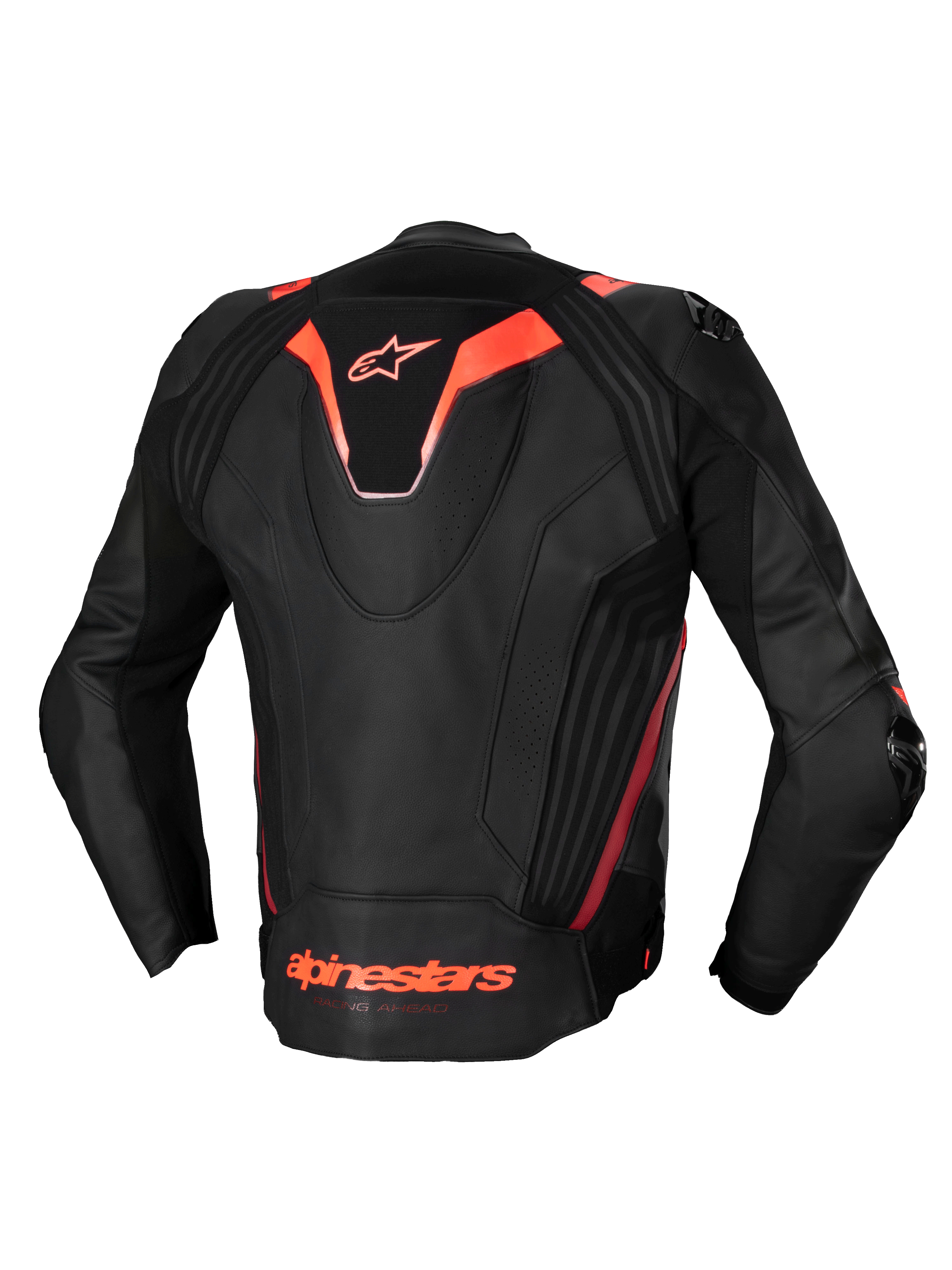 Alpinestars Missile V3 Ignition läderjacka, herrmotorcykeljacka i racingstil, svart och röd fluo, CE-certifierad, premium nötläder med sportig aero-hump och stretchpaneler, bakifrån