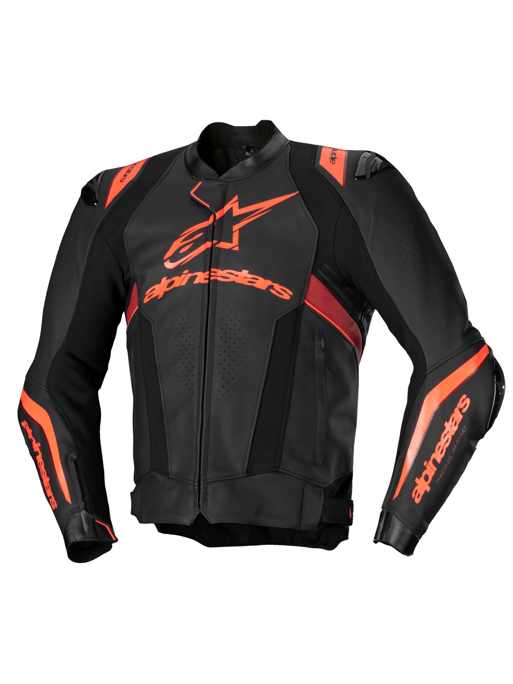 Alpinestars Missile V3 Ignition skinnställ, svart och röd fluo, racingmotorcykeljacka i premium läder, CE-certifierad