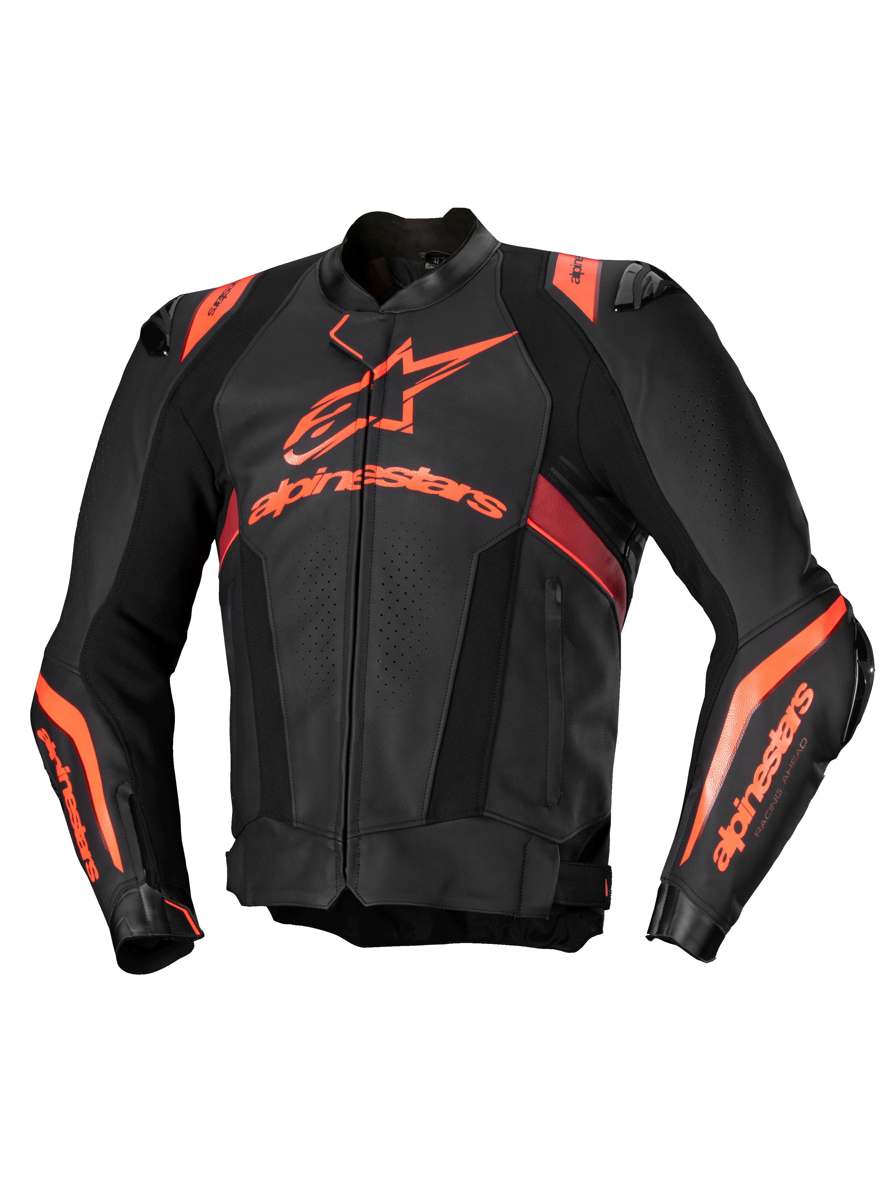 Alpinestars Missile V3 Ignition skinnställ, svart och röd fluo, racingmotorcykeljacka i premium läder, CE-certifierad