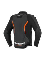 Alpinestars GP Force V2 Air Leather Jacket, Rear View, Black and Red Fluo, featuring a large perforated back panel for airflow, white Alpinestars logo and 'Racing Ahead' text on the lower back, and ergonomic pre-curved sleeves.