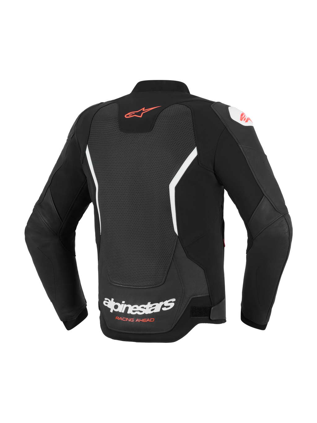 Alpinestars GP Force V2 Air läderjacka, baksida, svart och vit, med omfattande perforerad ryggpanel för ventilation, röd Alpinestars-logotyp på övre delen av ryggen, vit logotyp på nedre delen av ryggen, premium nötläderkonstruktion för sportkörning