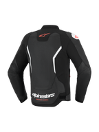Alpinestars GP Force V2 Air läderjacka, baksida, svart och vit, med omfattande perforerad ryggpanel för ventilation, röd Alpinestars-logotyp på övre delen av ryggen, vit logotyp på nedre delen av ryggen, premium nötläderkonstruktion för sportkörning