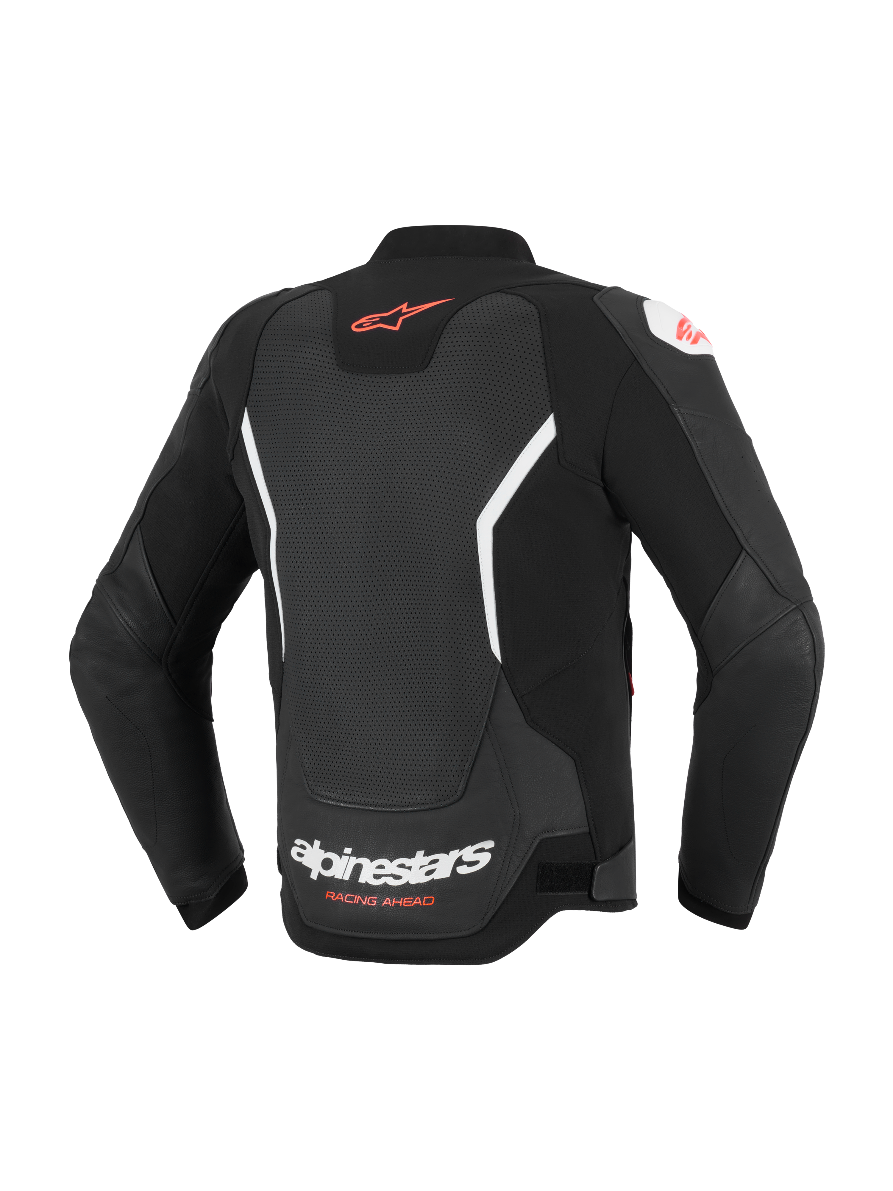 Alpinestars GP Force V2 Air läderjacka, baksida, svart och vit, med omfattande perforerad ryggpanel för ventilation, röd Alpinestars-logotyp på övre delen av ryggen, vit logotyp på nedre delen av ryggen, premium nötläderkonstruktion för sportkörning