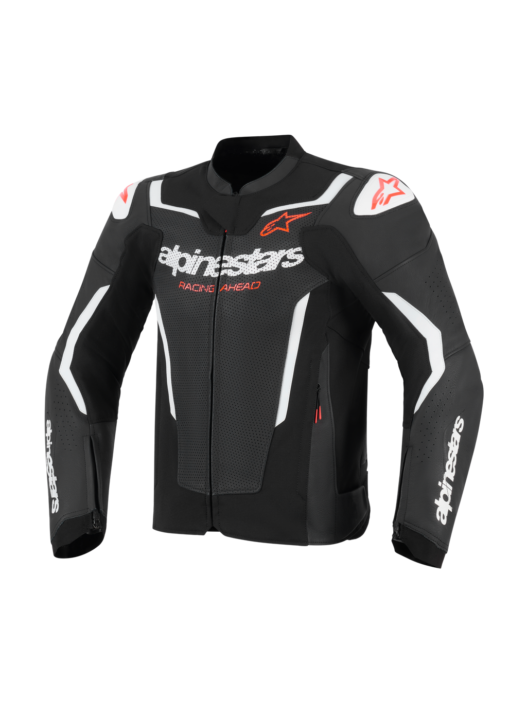Alpinestars GP Force V2 Air läderjacka, motorcykeljacka, svart och vit med röda detaljer, perforerade läderpaneler för luftflöde, vita Alpinestars-logotyper och texten 'Racing Ahead', DFS-axelskydd, atletisk racingdesign